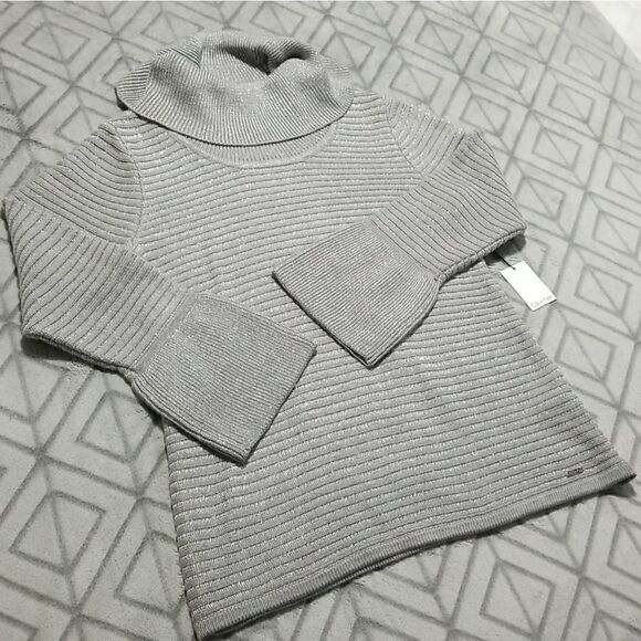 Calvin Klein Gray Sparkle Ribbed Cowl Neck Sweater - Picture 2 of 5